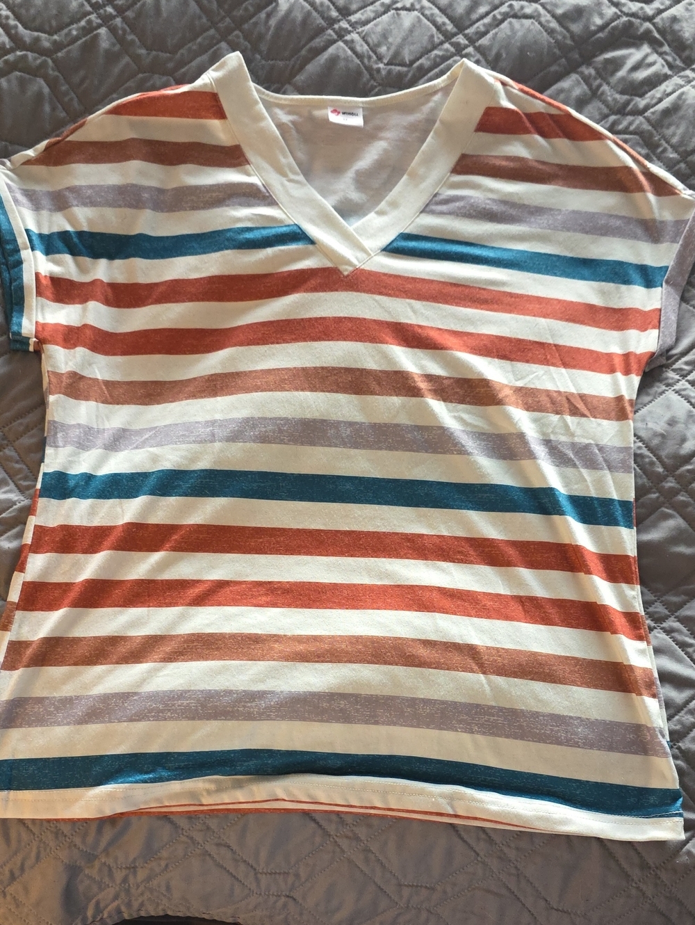 Striped V‑Neck Blouse in Cream, Rust & Teal